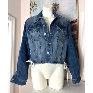 True Religion Blue Medium Wash Jean Denim Jacket Raw Hem Side Tie Size Small